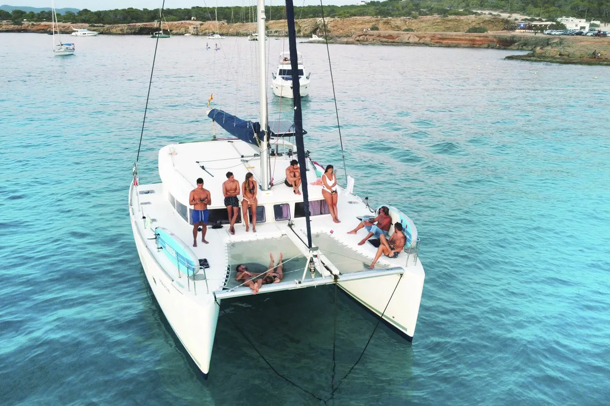 Exterior view of Nusa, a Lagoon 400 catamaran at Ibiza, Spain