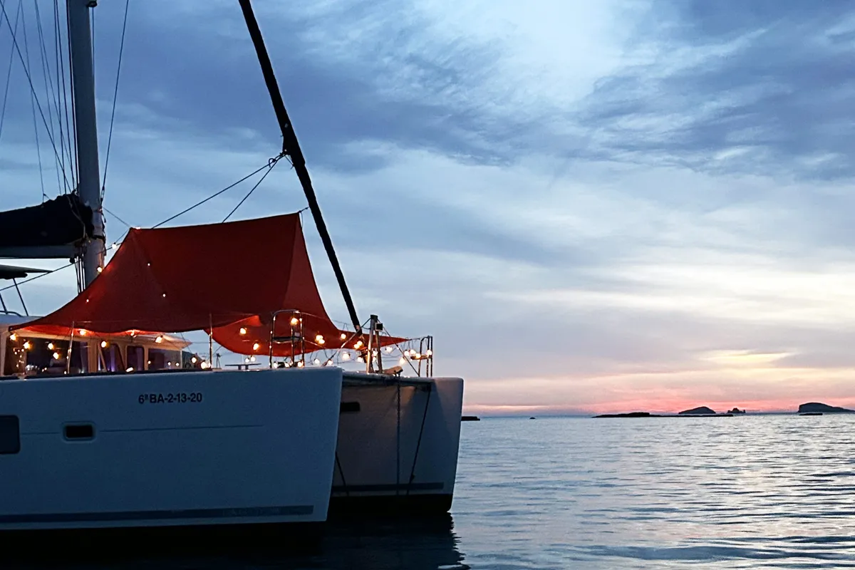 Exterior view of Nusa, a Lagoon 400 catamaran at Ibiza, Spain