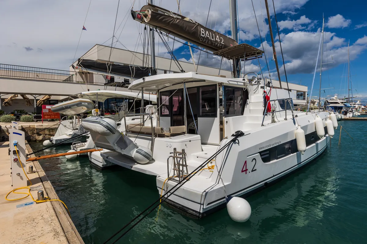 Exterior view of Liesbeth, a Bali 4.2 catamaran at Seget Donji, Croatia