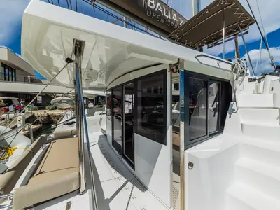Deck of Liesbeth, a Bali 4.2 catamaran at Seget Donji, Croatia