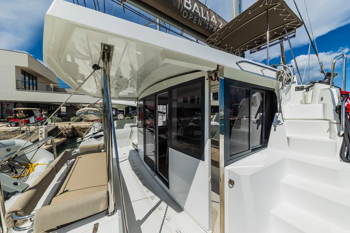 Deck of Liesbeth, a Bali 4.2 catamaran at Seget Donji, Croatia
