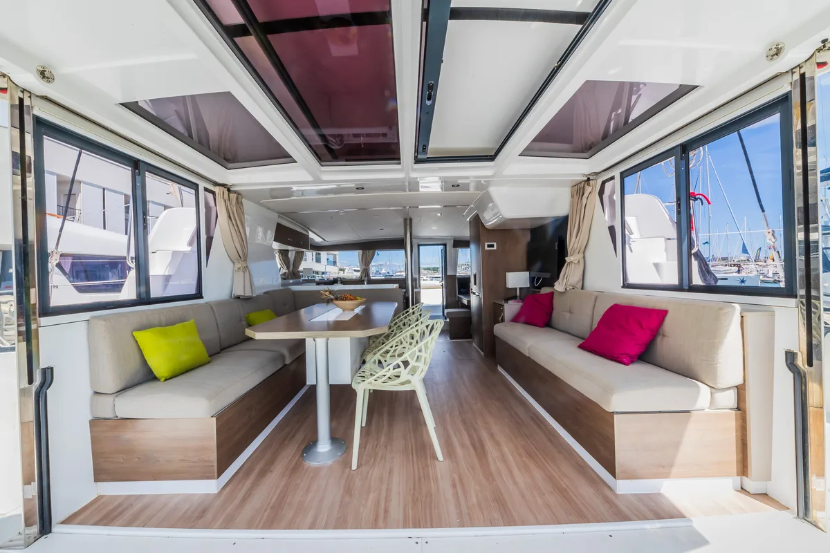 Salon of Liesbeth, a Bali 4.2 catamaran at Seget Donji, Croatia