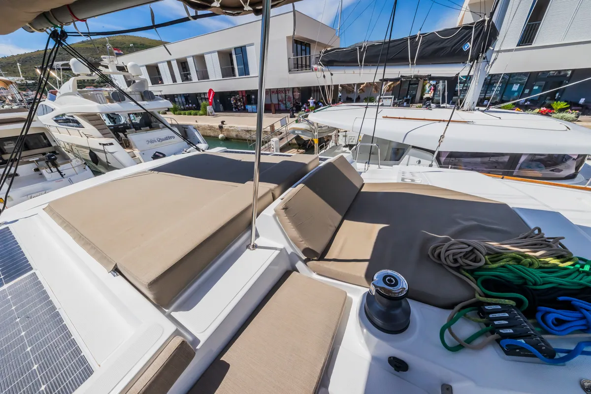 Deck of Liesbeth, a Bali 4.2 catamaran at Seget Donji, Croatia