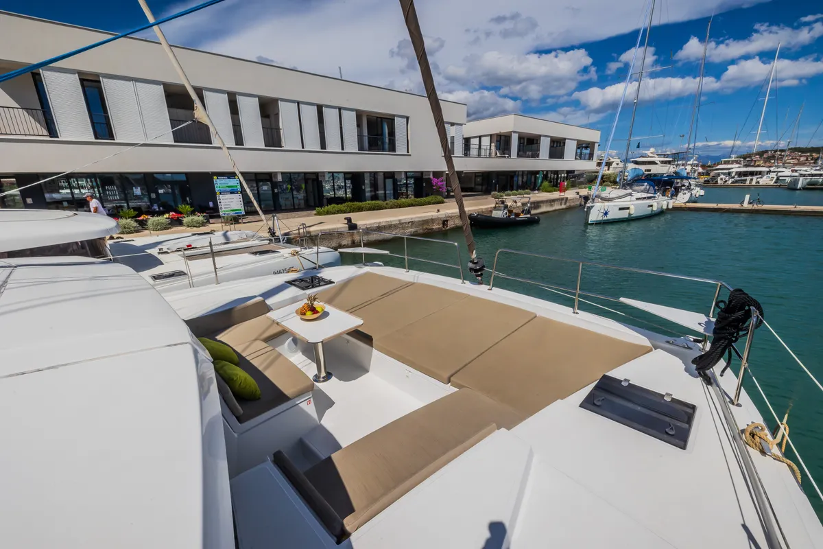 Deck of Liesbeth, a Bali 4.2 catamaran at Seget Donji, Croatia