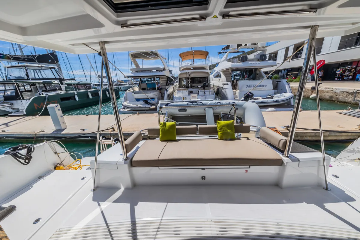 Deck of Liesbeth, a Bali 4.2 catamaran at Seget Donji, Croatia