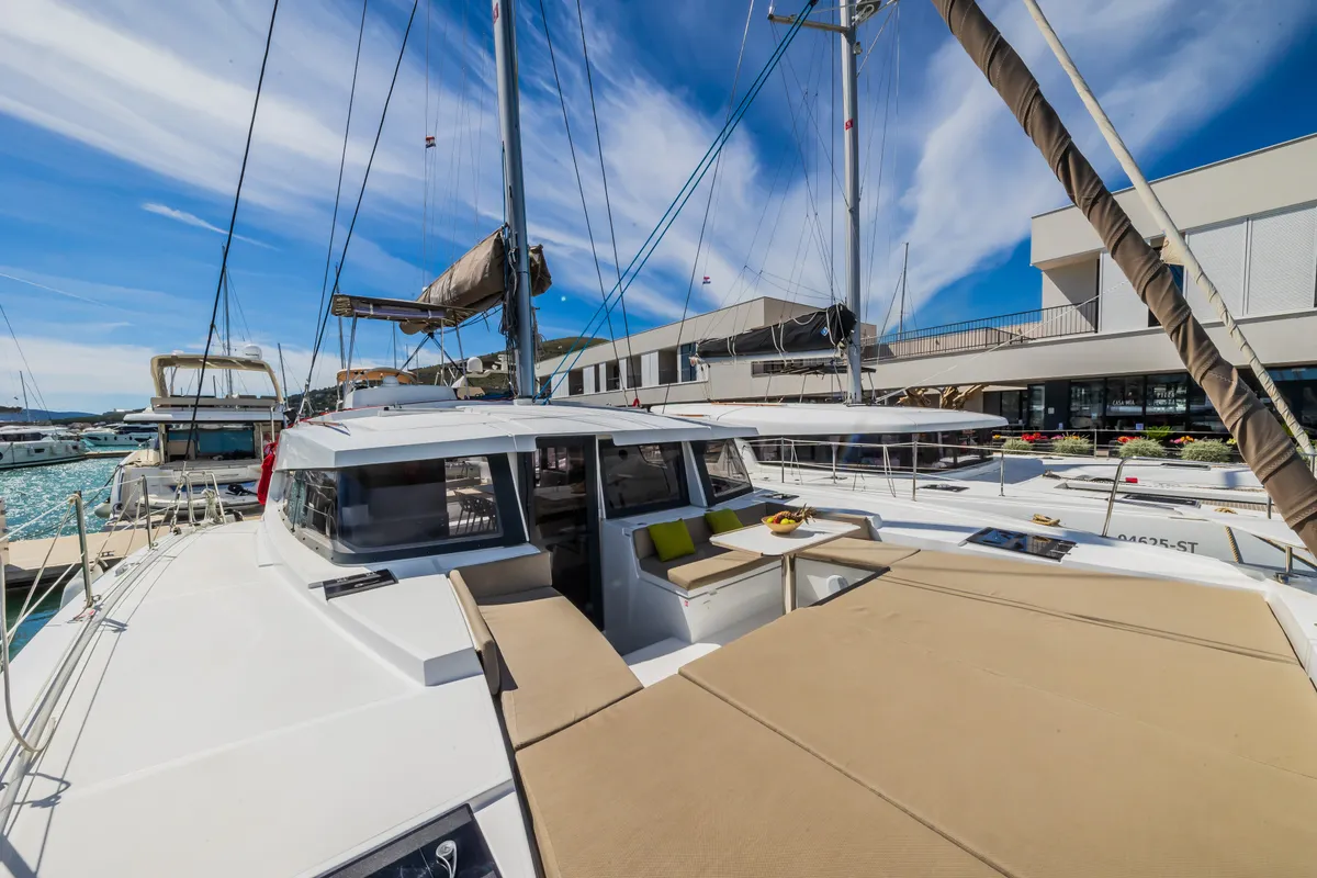 Deck of Liesbeth, a Bali 4.2 catamaran at Seget Donji, Croatia