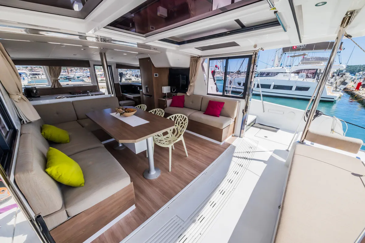 Salon of Liesbeth, a Bali 4.2 catamaran at Seget Donji, Croatia