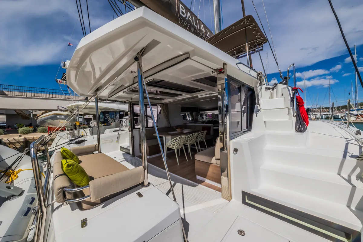 Deck of Liesbeth, a Bali 4.2 catamaran at Seget Donji, Croatia