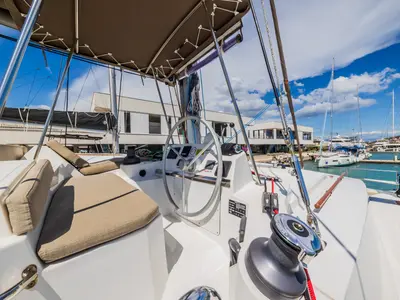 Cockpit of Liesbeth, a Bali 4.2 catamaran at Seget Donji, Croatia