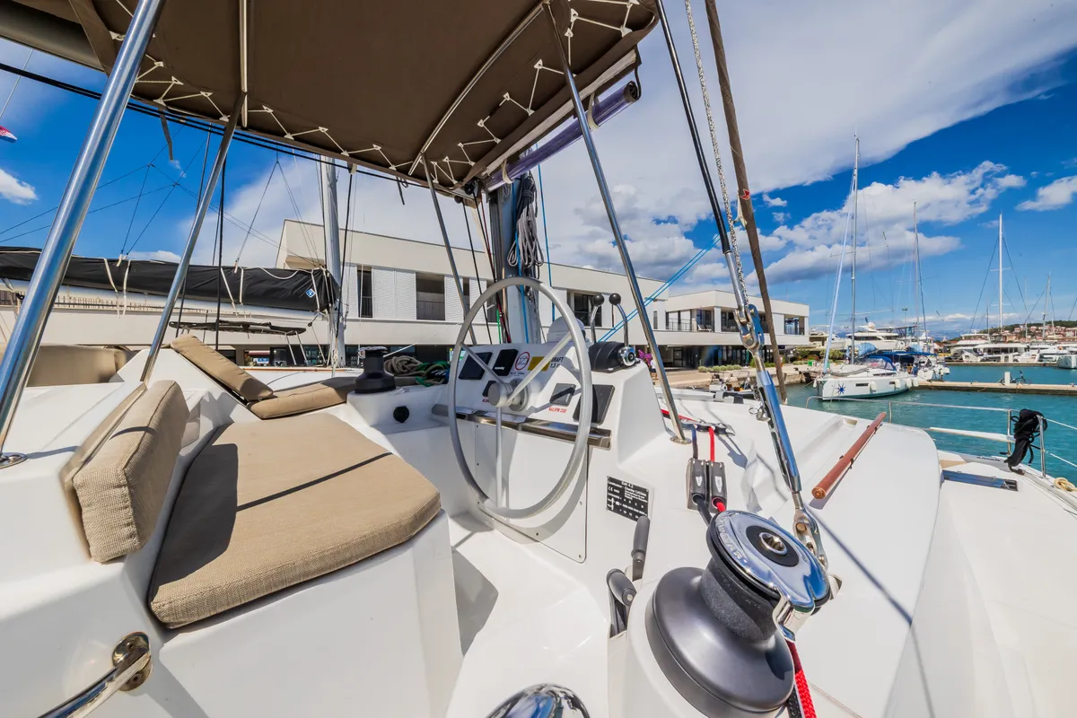 Cockpit of Liesbeth, a Bali 4.2 catamaran at Seget Donji, Croatia