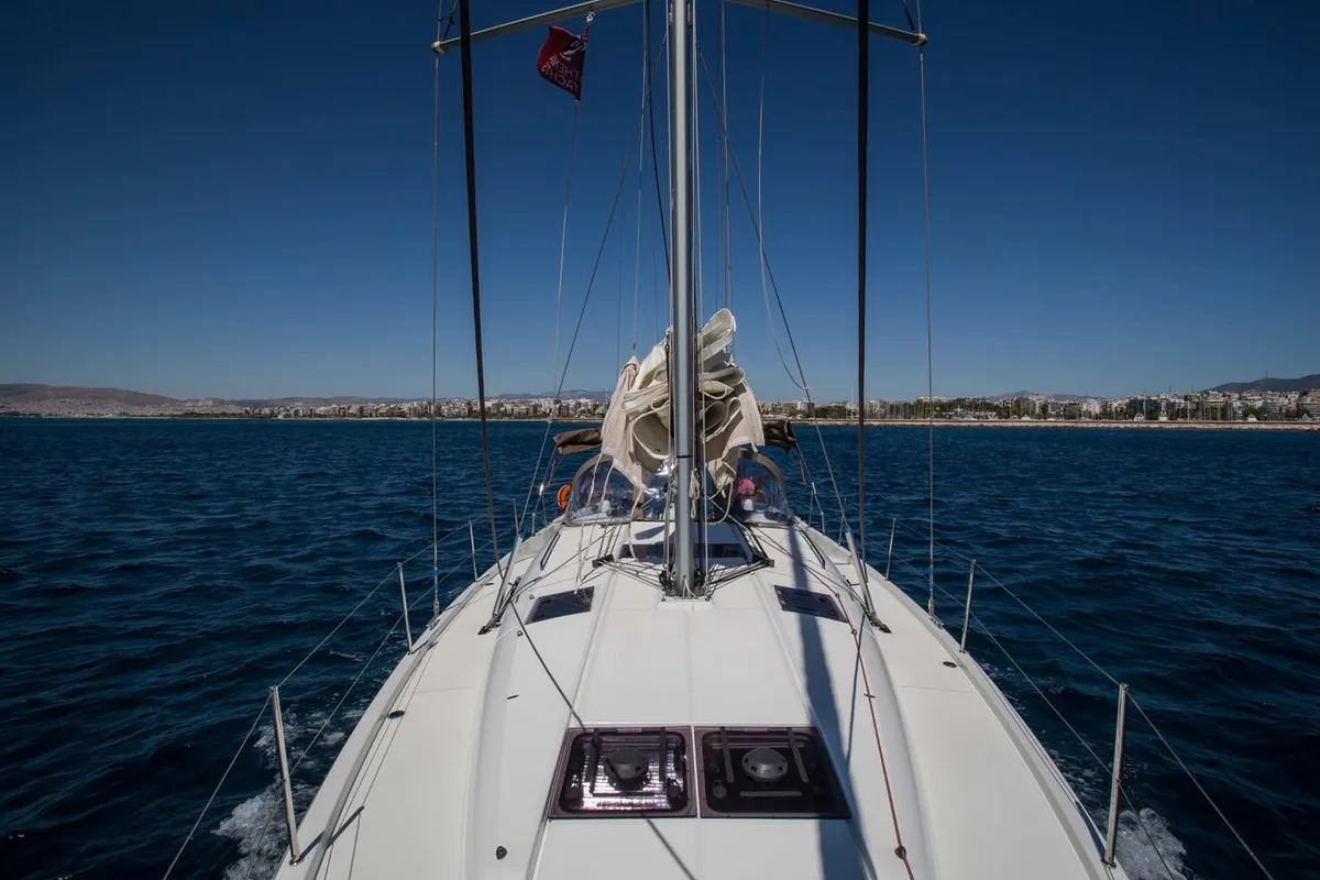 Deck of Ocean Song, a Jeanneau Sun Odyssey 440 sailboat at Athens, Greece