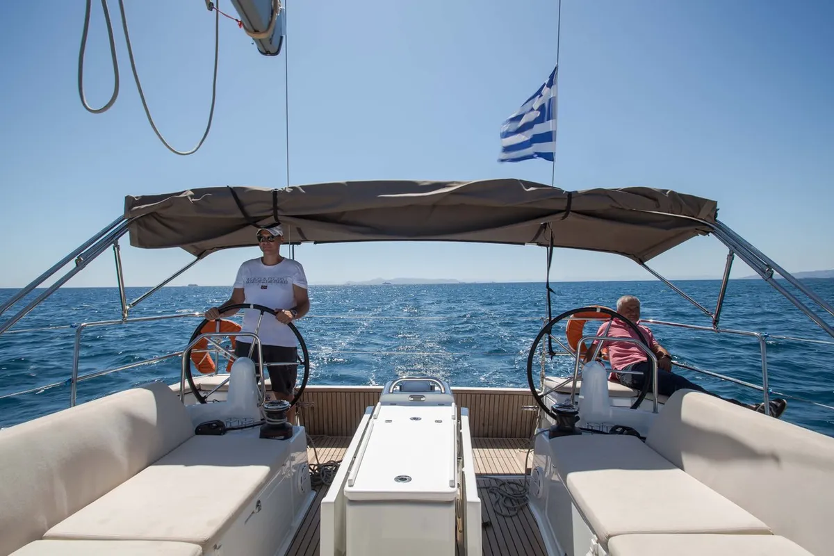 Cockpit of Ocean Song, a Jeanneau Sun Odyssey 440 sailboat at Athens, Greece