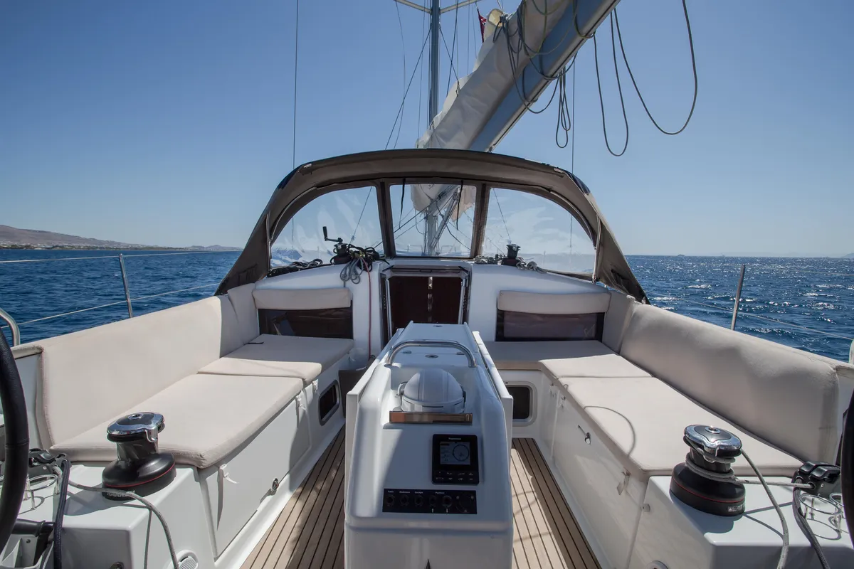 Cockpit of Ocean Song, a Jeanneau Sun Odyssey 440 sailboat at Athens, Greece