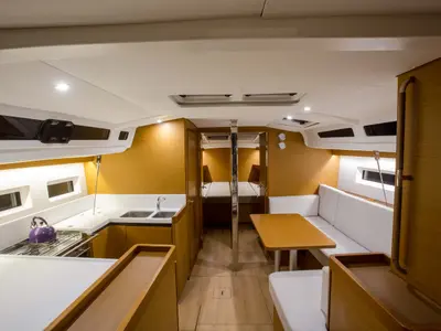 Galley of Ocean Song, a Jeanneau Sun Odyssey 440 sailboat at Athens, Greece