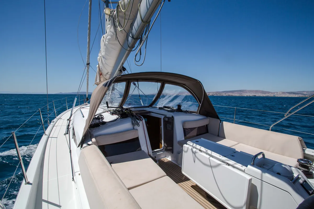 Deck of Ocean Song, a Jeanneau Sun Odyssey 440 sailboat at Athens, Greece
