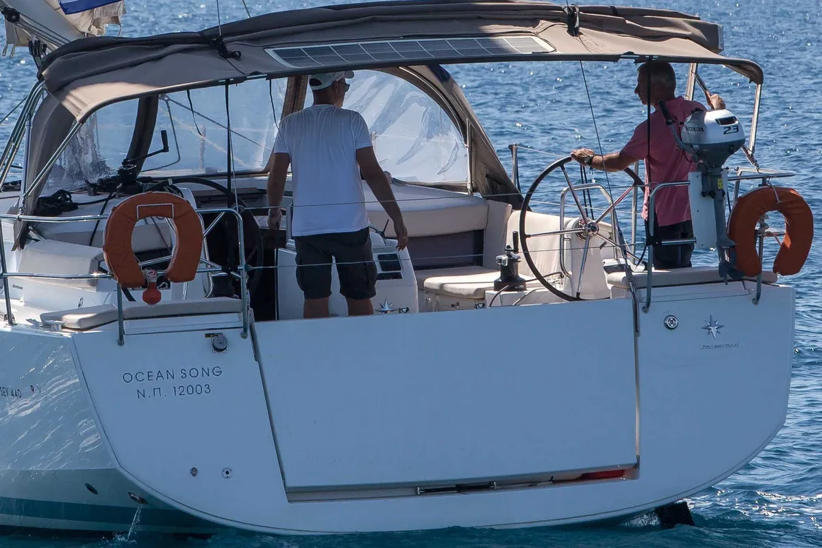 Exterior view of Ocean Song, a Jeanneau Sun Odyssey 440 sailboat at Athens, Greece