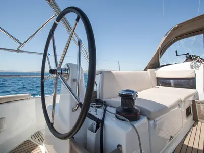 Cockpit of Ocean Song, a Jeanneau Sun Odyssey 440 sailboat at Athens, Greece