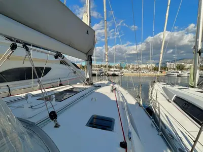 Deck of Apollon, a Bavaria Cruiser 51 sailboat at Athens, Greece