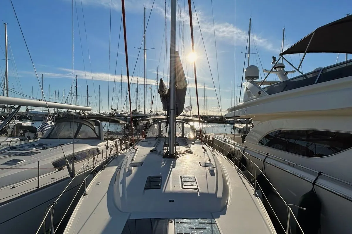 Deck of Apollon, a Bavaria Cruiser 51 sailboat at Athens, Greece