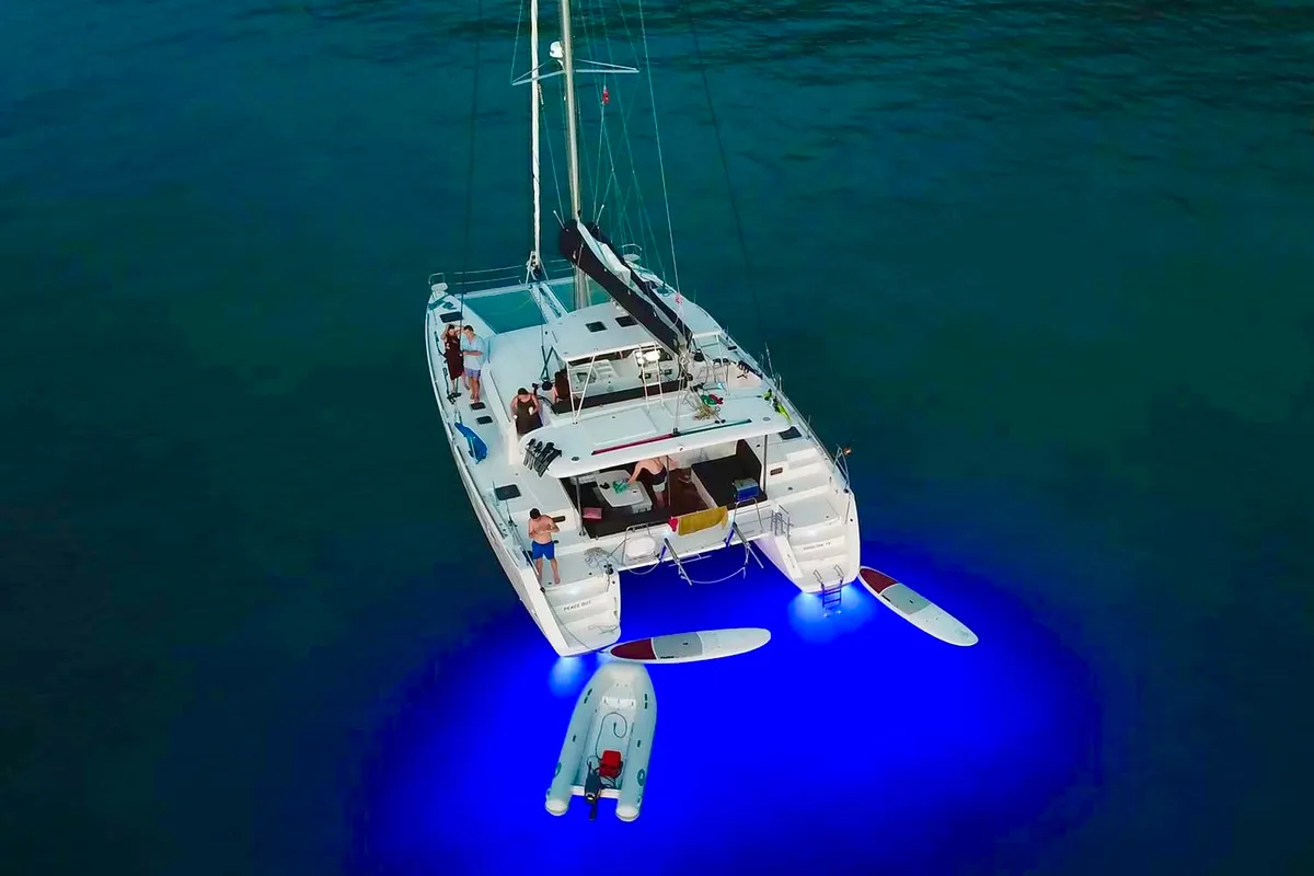 Exterior view of Peace Out, a Lagoon 450 catamaran at Parham Town, British Virgin Islands