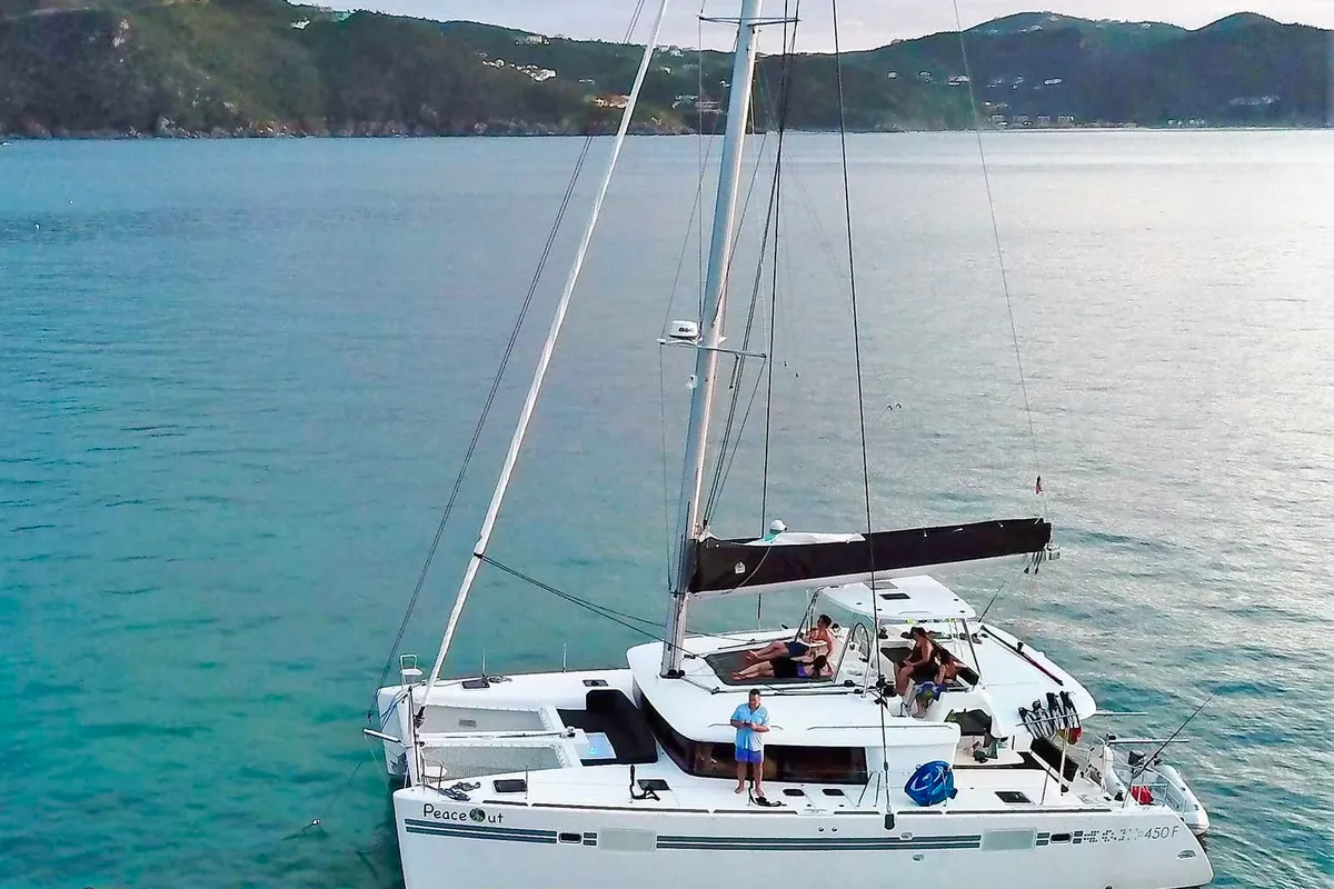 Exterior view of Peace Out, a Lagoon 450 catamaran at Parham Town, British Virgin Islands