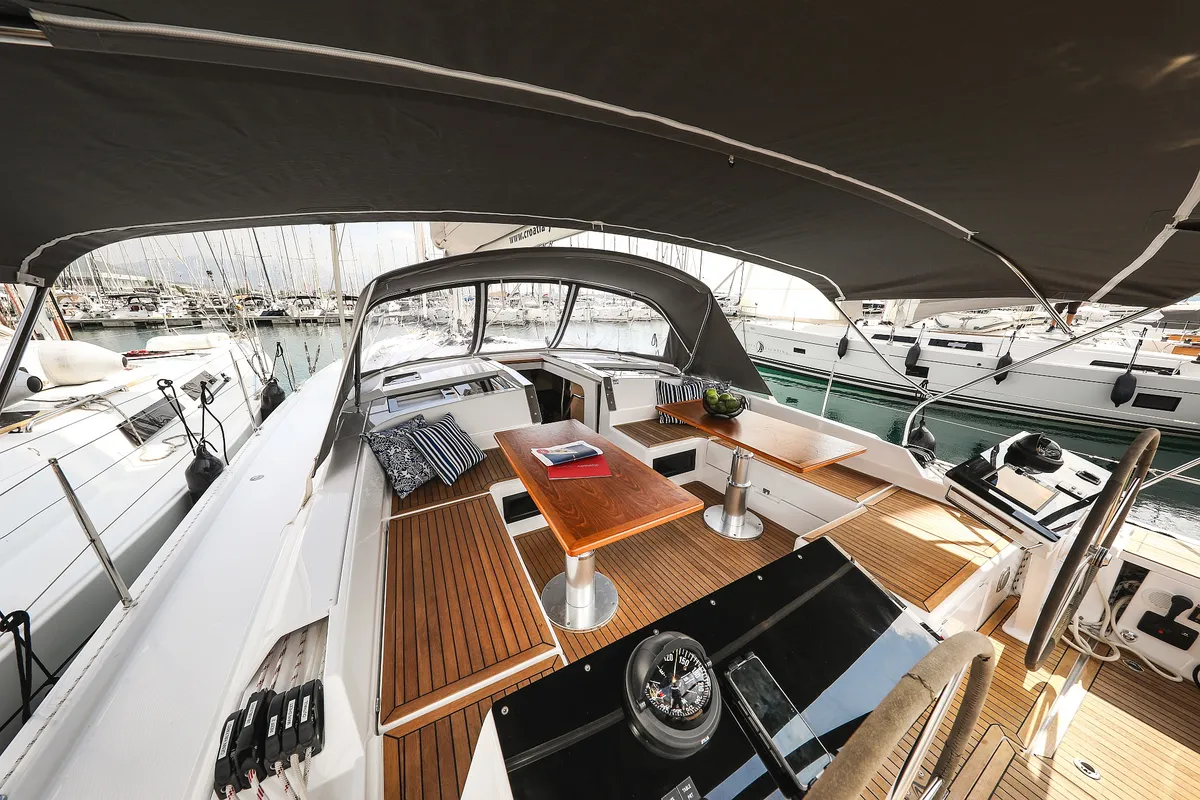 Deck of Alexej, a Hanse 460 sailboat at Grad Biograd na Moru, Croatia