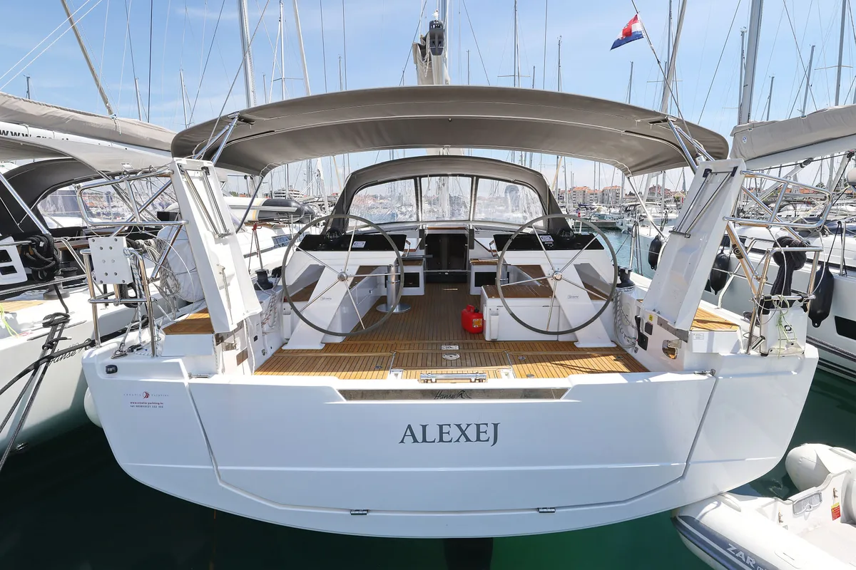 Cockpit of Alexej, a Hanse 460 sailboat at Grad Biograd na Moru, Croatia