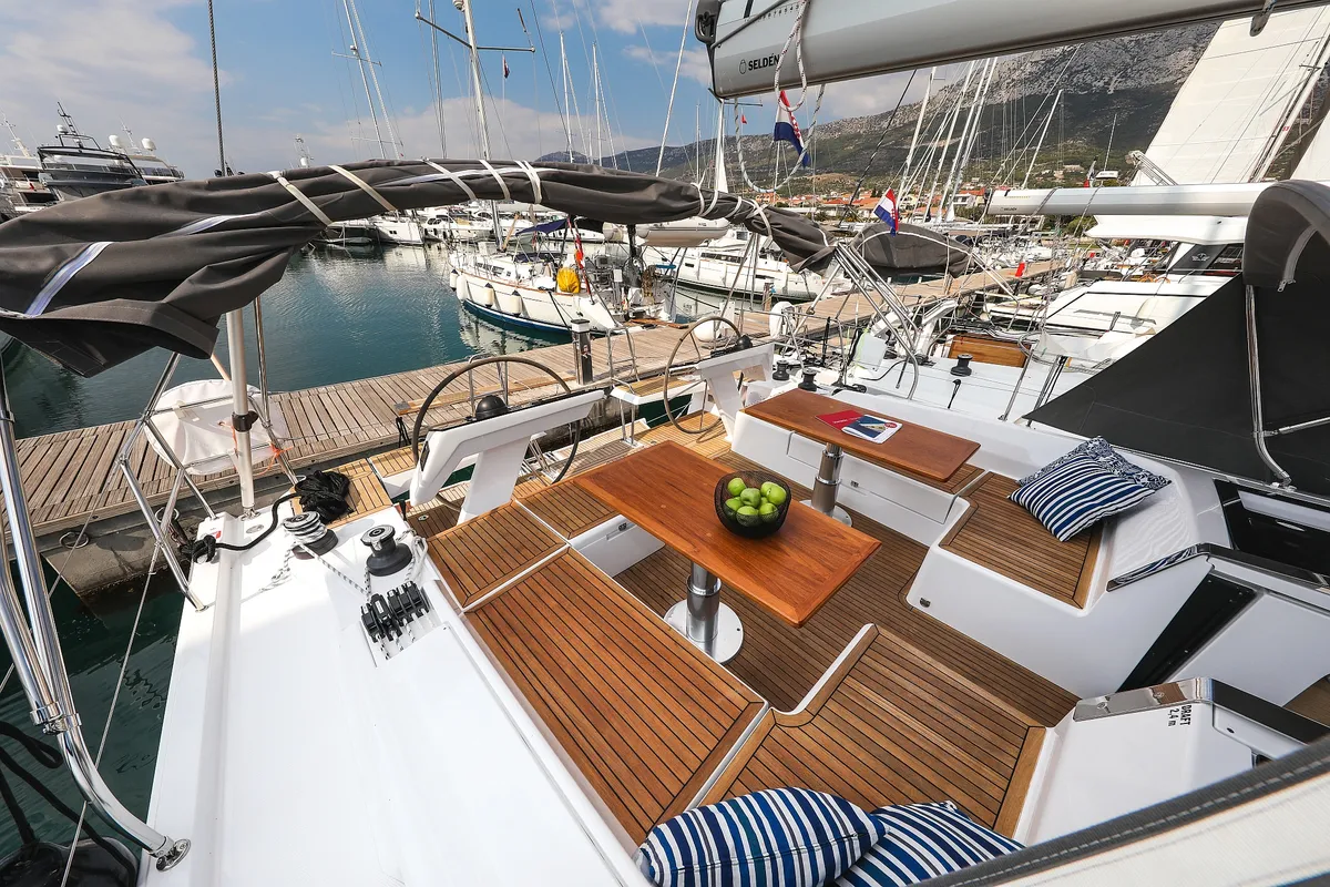 Deck of Alexej, a Hanse 460 sailboat at Grad Biograd na Moru, Croatia
