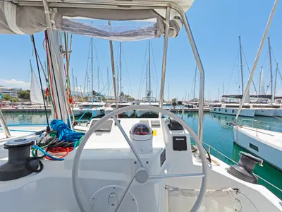 Cockpit of Princess Malena, a Bali Catspace catamaran at Athens, Greece