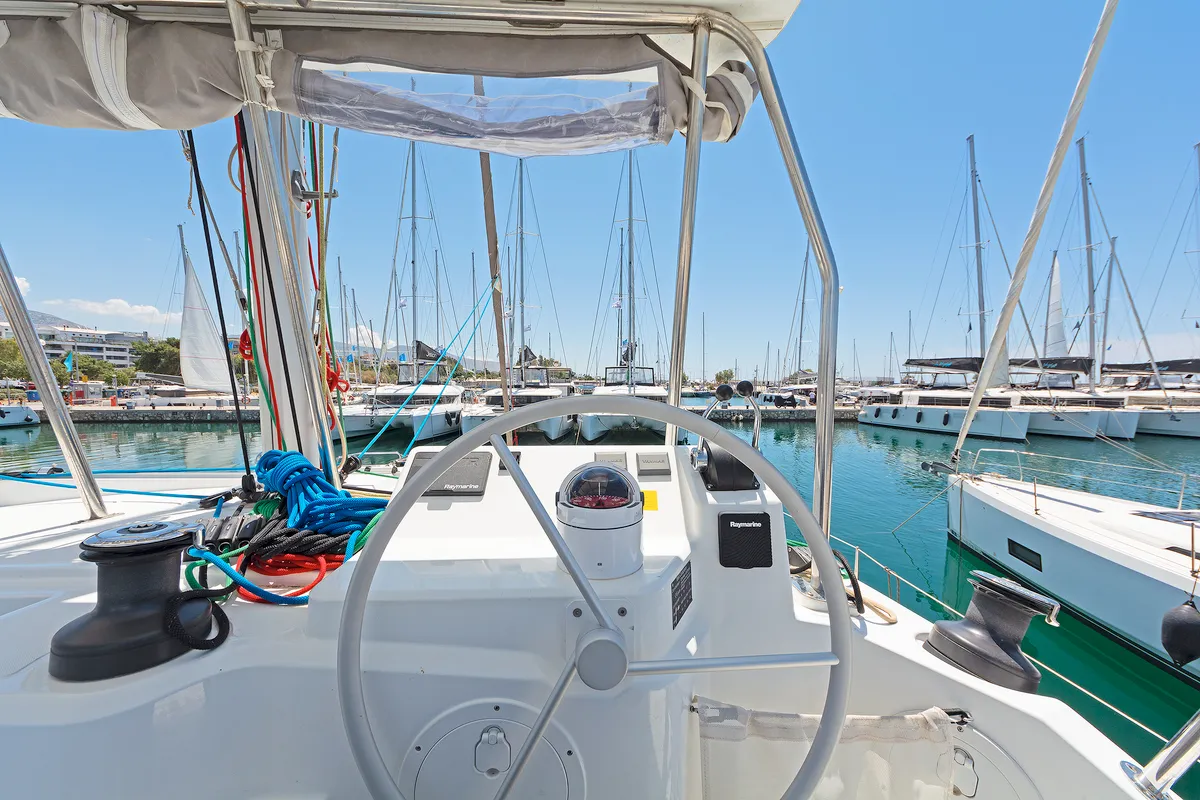 Cockpit of Princess Malena, a Bali Catspace catamaran at Athens, Greece