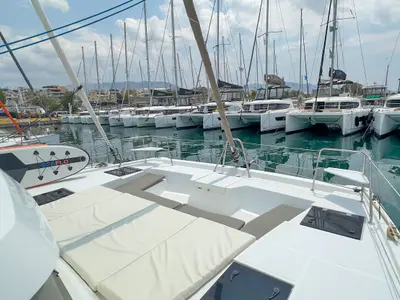 Deck of Princess Malena, a Bali Catspace catamaran at Athens, Greece