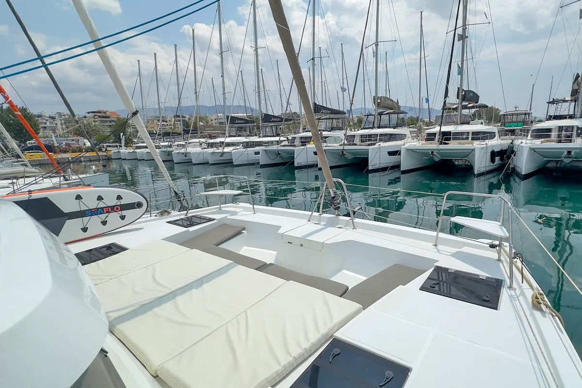 Deck of Princess Malena, a Bali Catspace catamaran at Athens, Greece