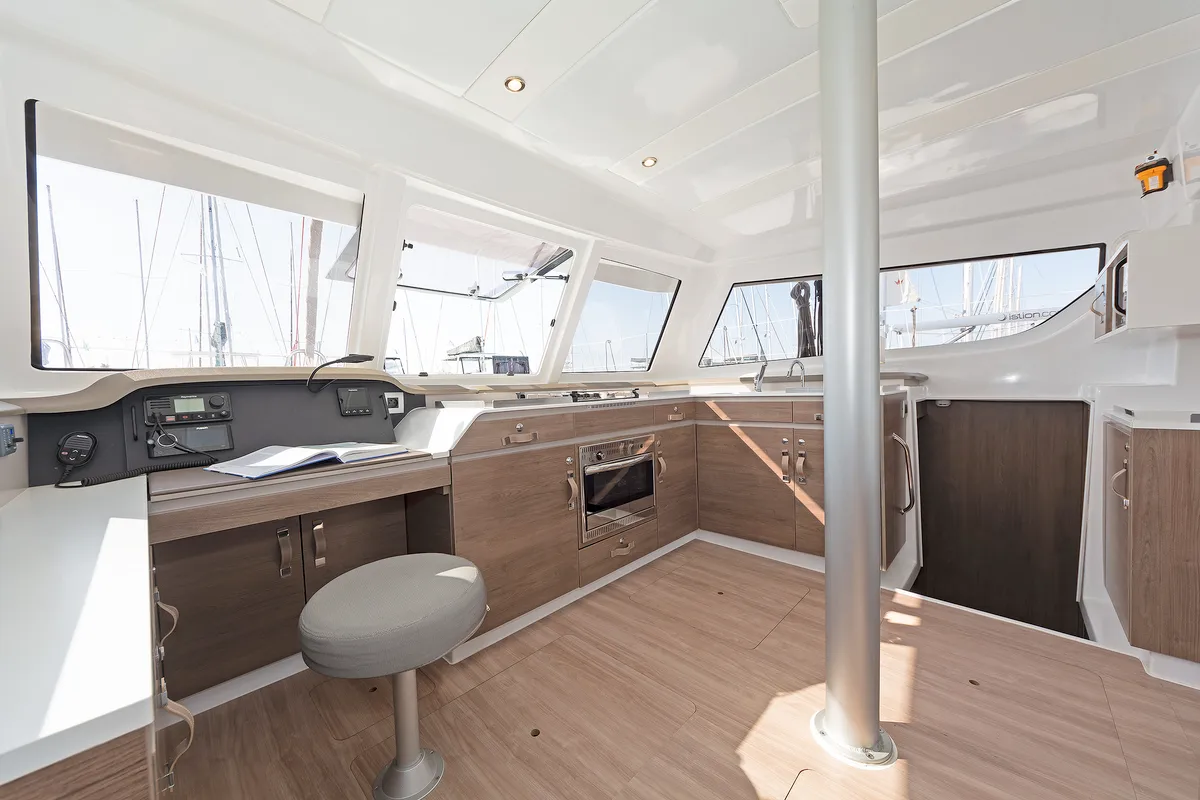 Salon of Princess Malena, a Bali Catspace catamaran at Athens, Greece
