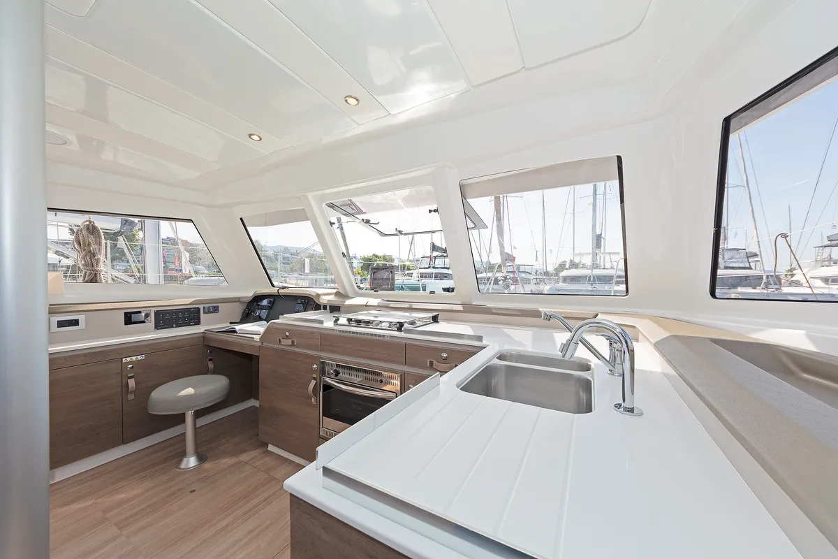 Galley of Princess Malena, a Bali Catspace catamaran at Athens, Greece