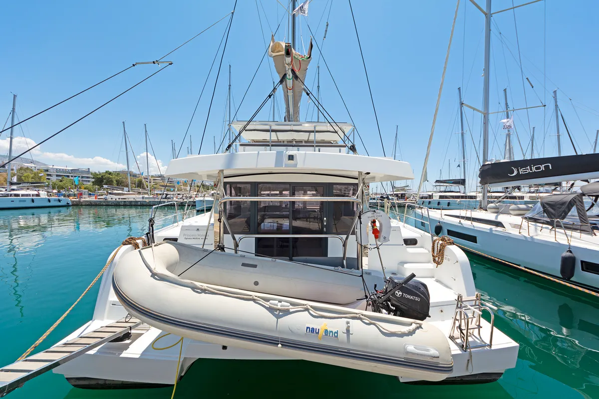 Exterior view of Princess Malena, a Bali Catspace catamaran at Athens, Greece
