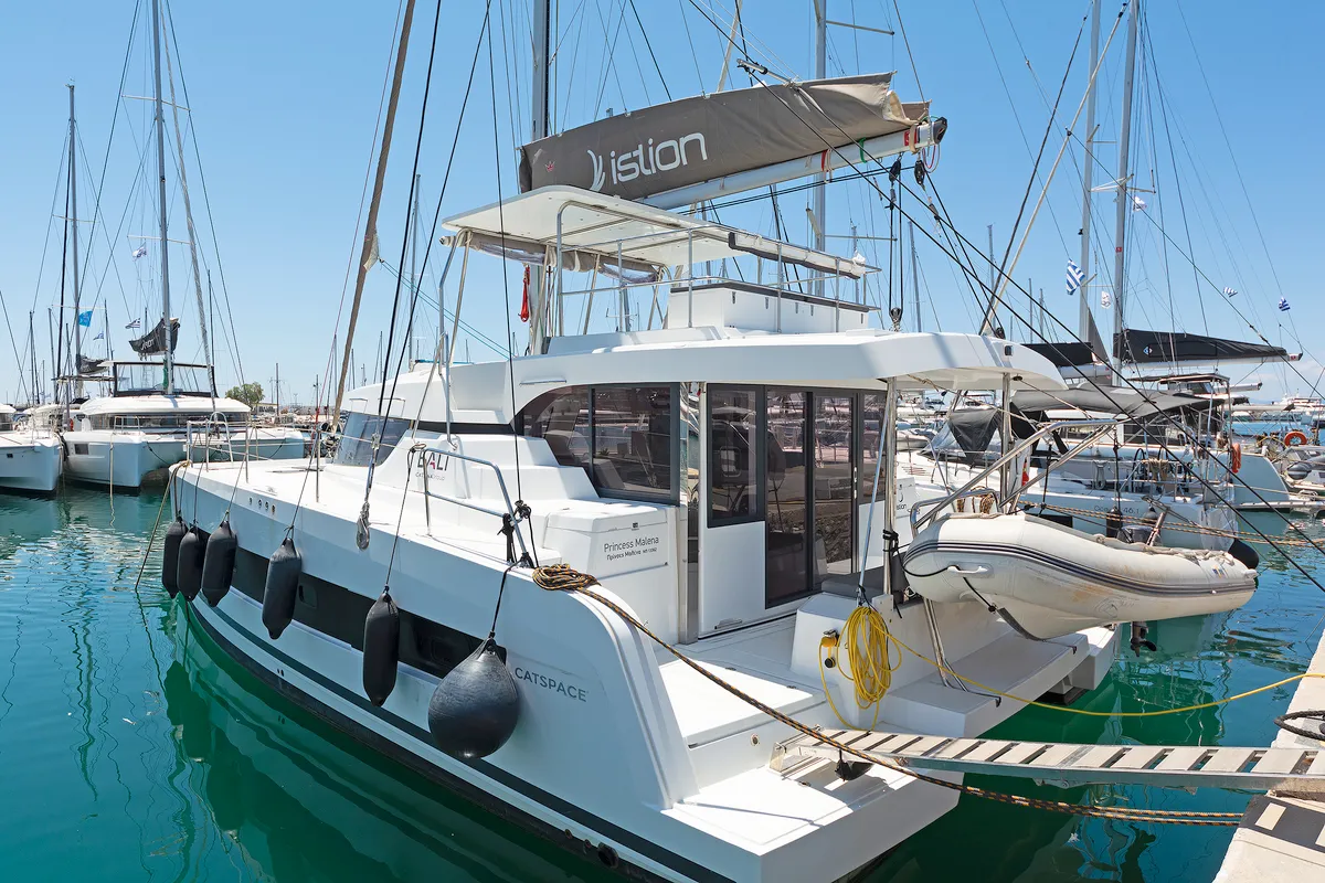 Exterior view of Princess Malena, a Bali Catspace catamaran at Athens, Greece