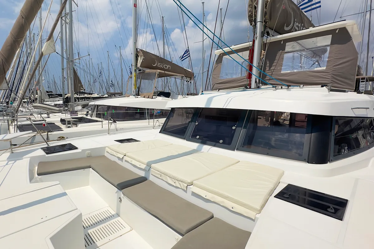 Deck of Princess Malena, a Bali Catspace catamaran at Athens, Greece