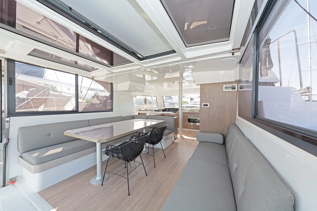 Salon of Princess Malena, a Bali Catspace catamaran at Athens, Greece