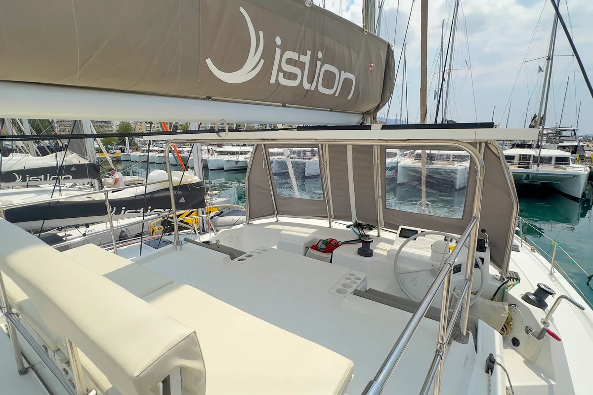 Cockpit of Princess Malena, a Bali Catspace catamaran at Athens, Greece