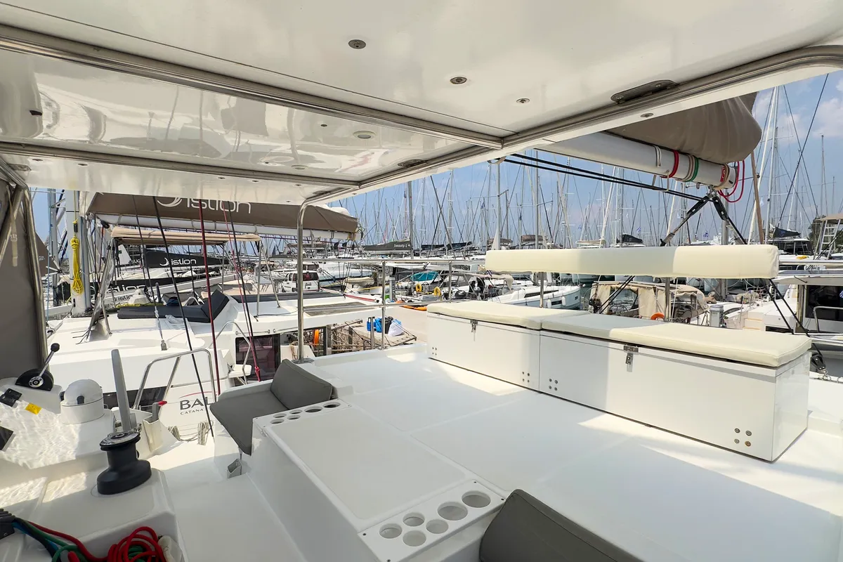 Deck of Princess Malena, a Bali Catspace catamaran at Athens, Greece