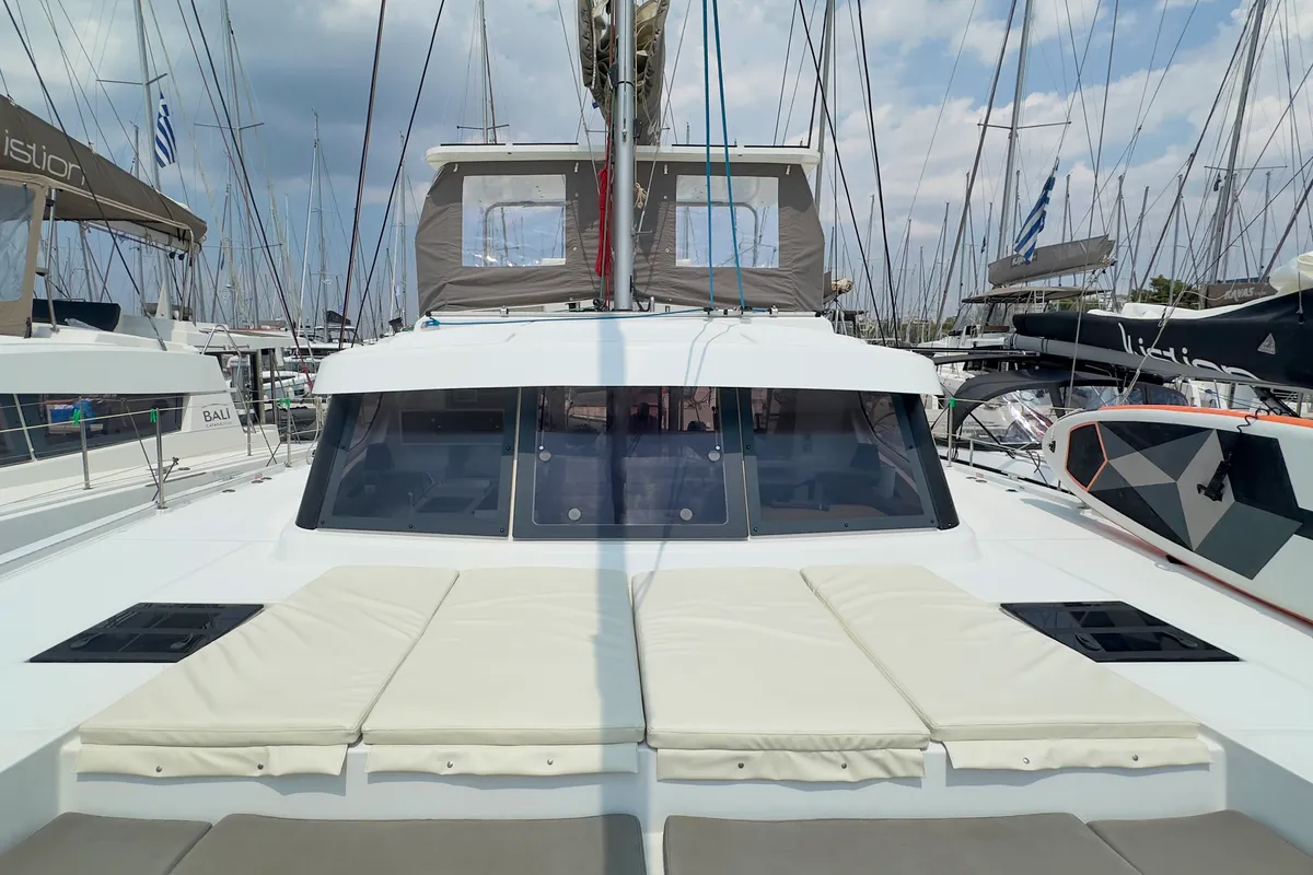 Deck of Princess Malena, a Bali Catspace catamaran at Athens, Greece