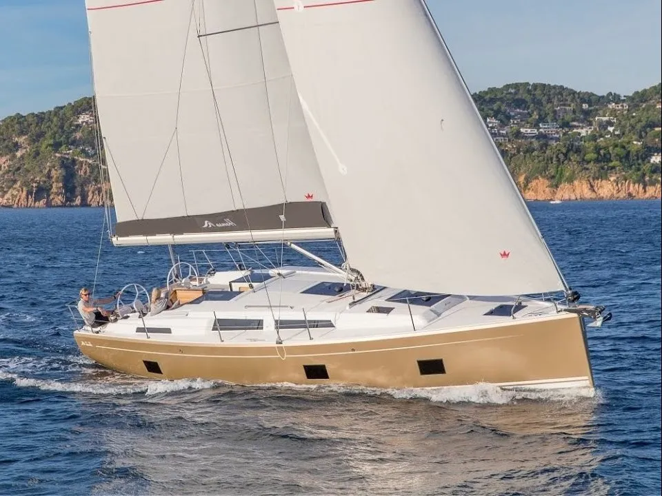 Exterior view of Pasithea, a Hanse 418 sailboat at Lavrion, Greece