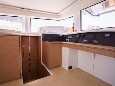 Cockpit of The Big Orange Boat, a Bali 4.8 catamaran at Lefkada, Greece