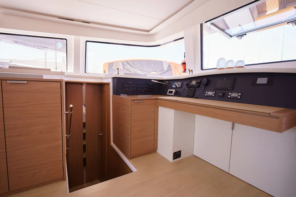 Cockpit of The Big Orange Boat, a Bali 4.8 catamaran at Lefkada, Greece