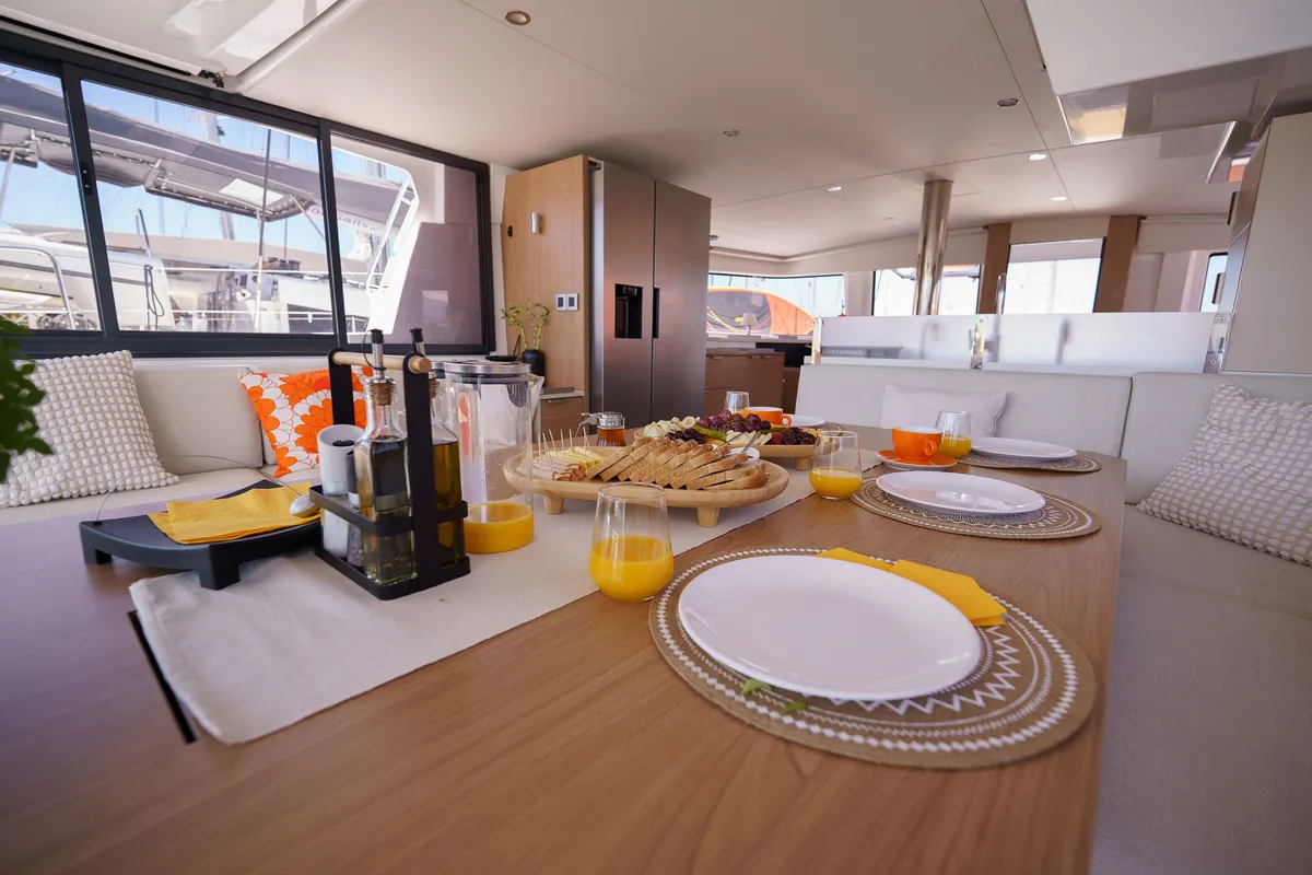 Salon of The Big Orange Boat, a Bali 4.8 catamaran at Lefkada, Greece