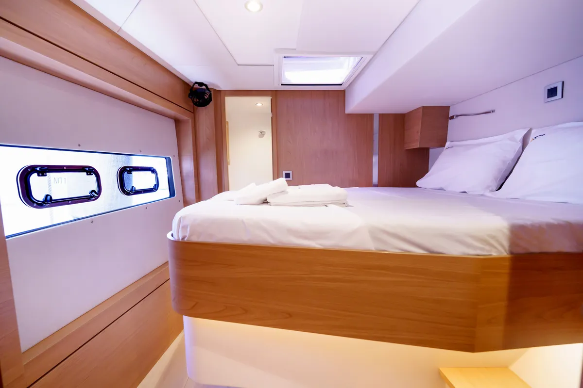 Cabin on The Big Orange Boat, a Bali 4.8 catamaran at Lefkada, Greece