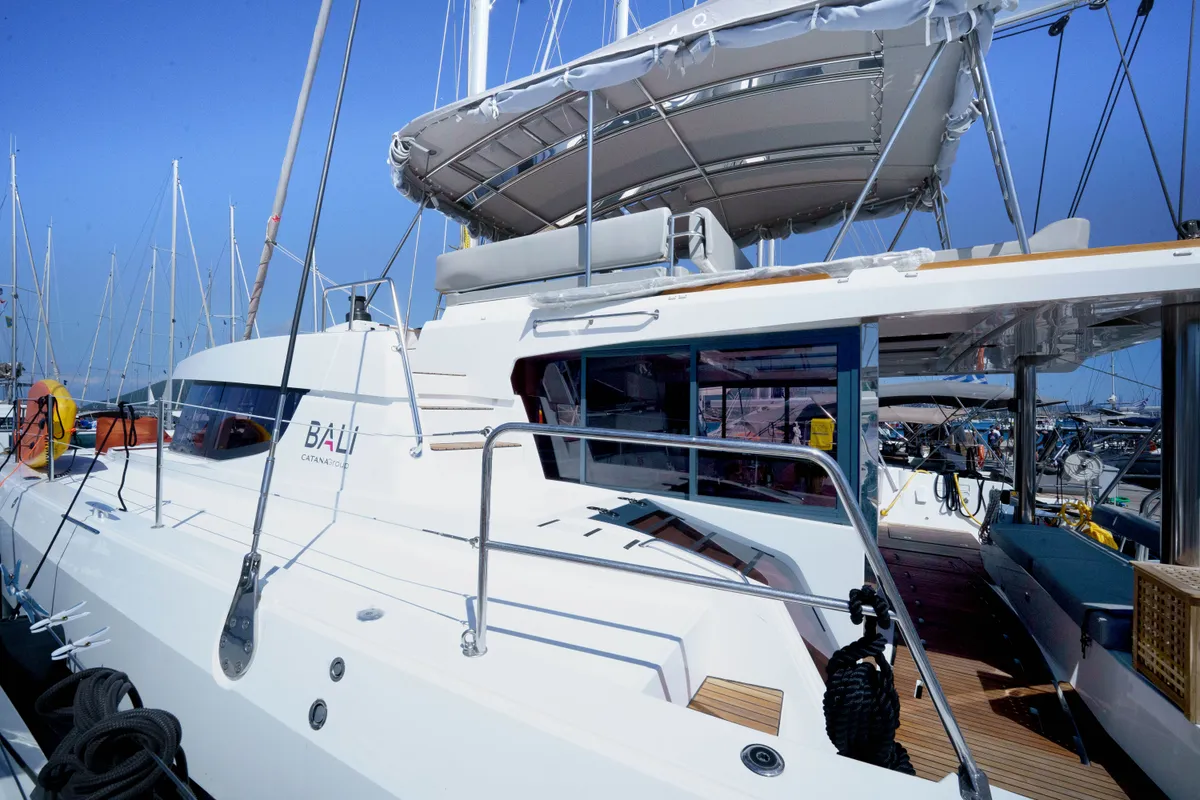 Exterior view of The Big Orange Boat, a Bali 4.8 catamaran at Lefkada, Greece