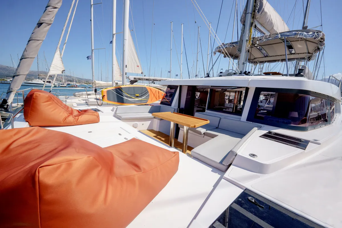 Deck of The Big Orange Boat, a Bali 4.8 catamaran at Lefkada, Greece