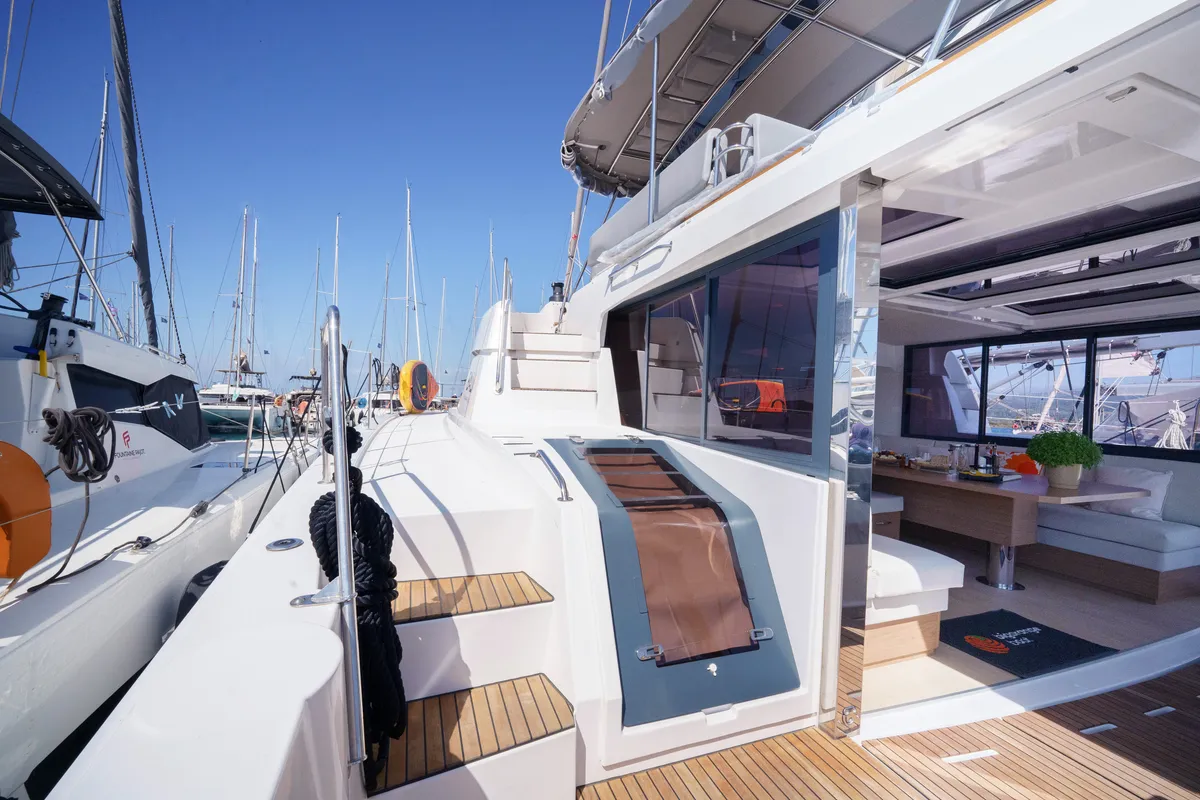 Deck of The Big Orange Boat, a Bali 4.8 catamaran at Lefkada, Greece