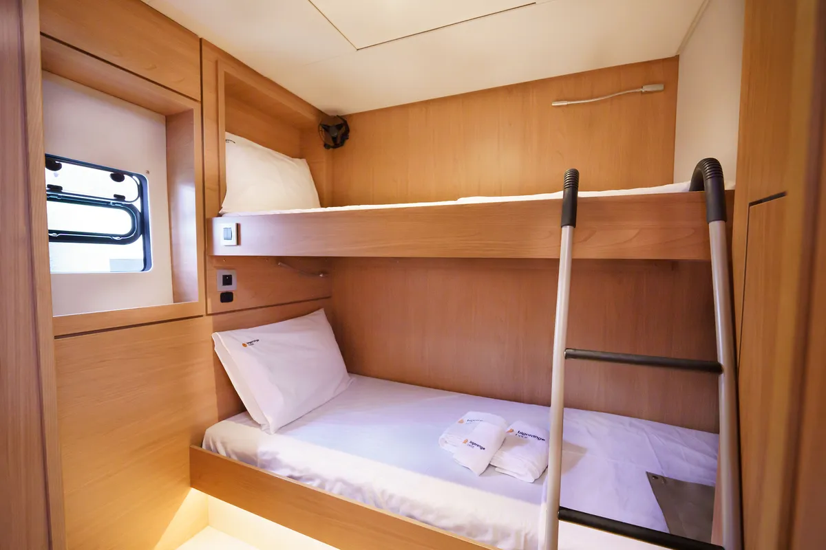 Cabin on The Big Orange Boat, a Bali 4.8 catamaran at Lefkada, Greece